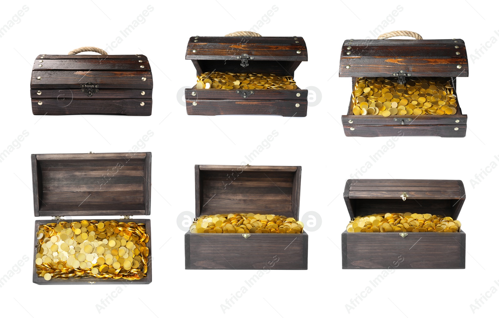 Image of Set with treasure chests full of gold coins on white background 