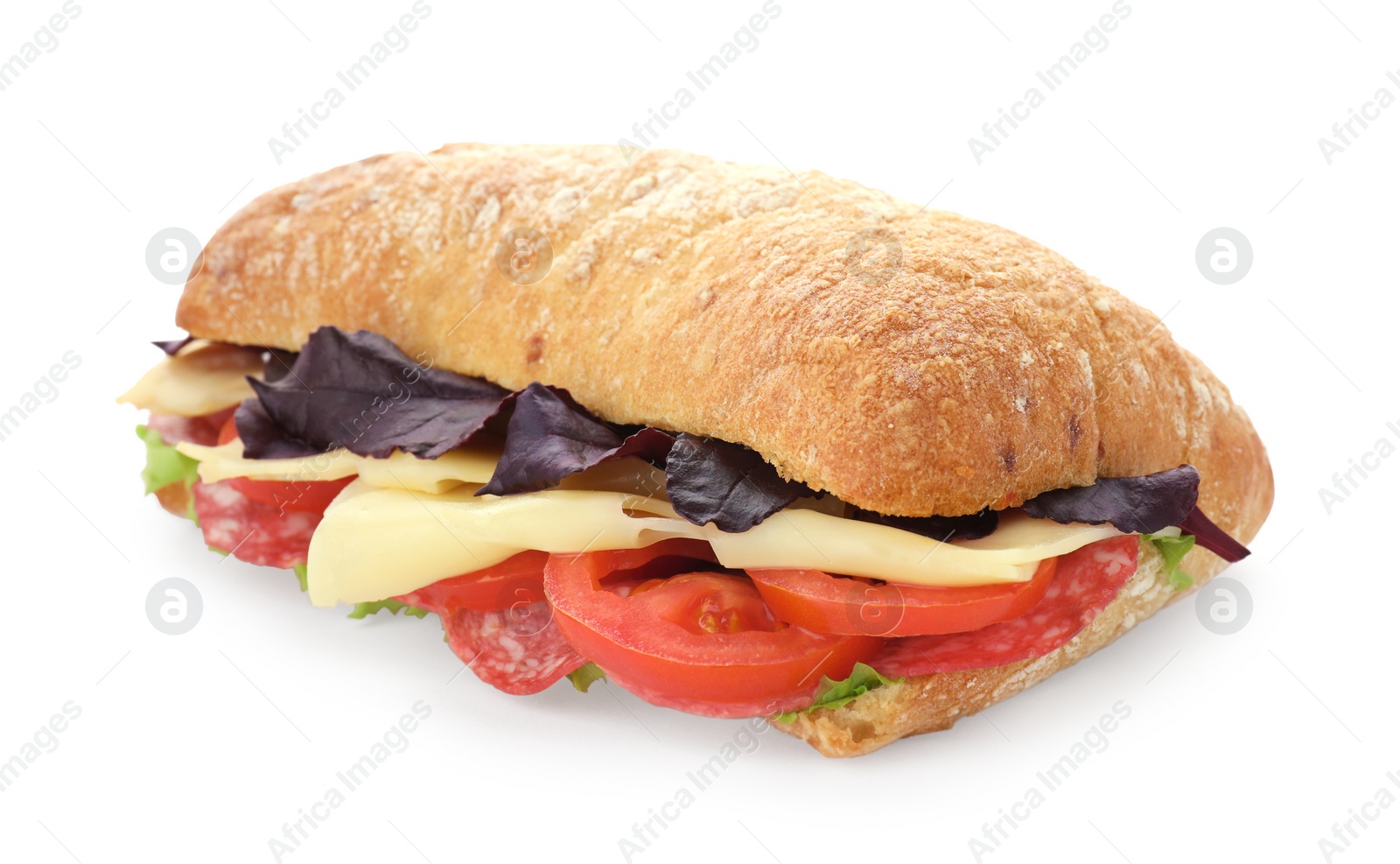 Photo of Delicious sandwich with cheese, salami, tomato isolated on white