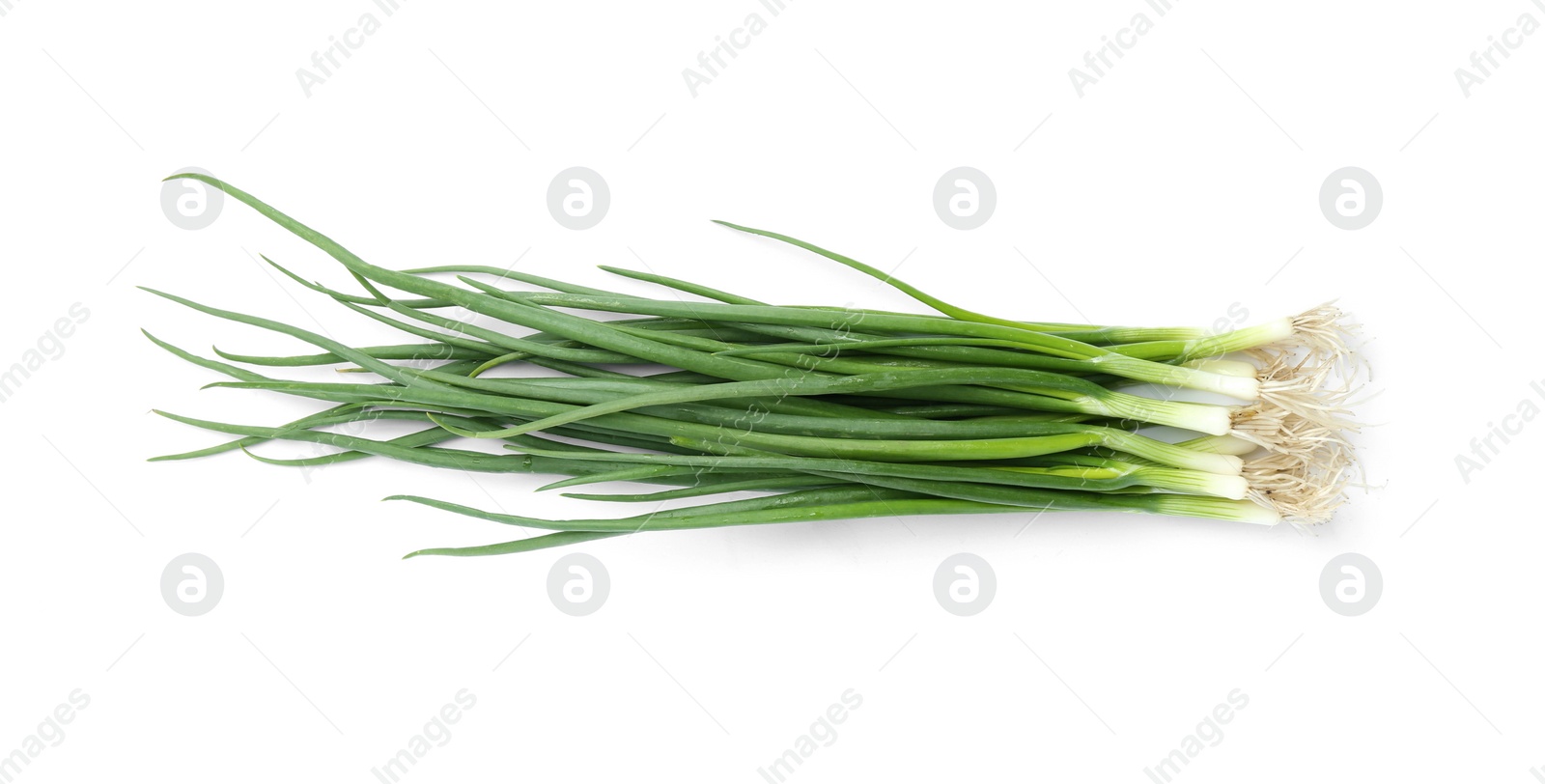 Photo of Fresh green spring onions isolated on white, top view