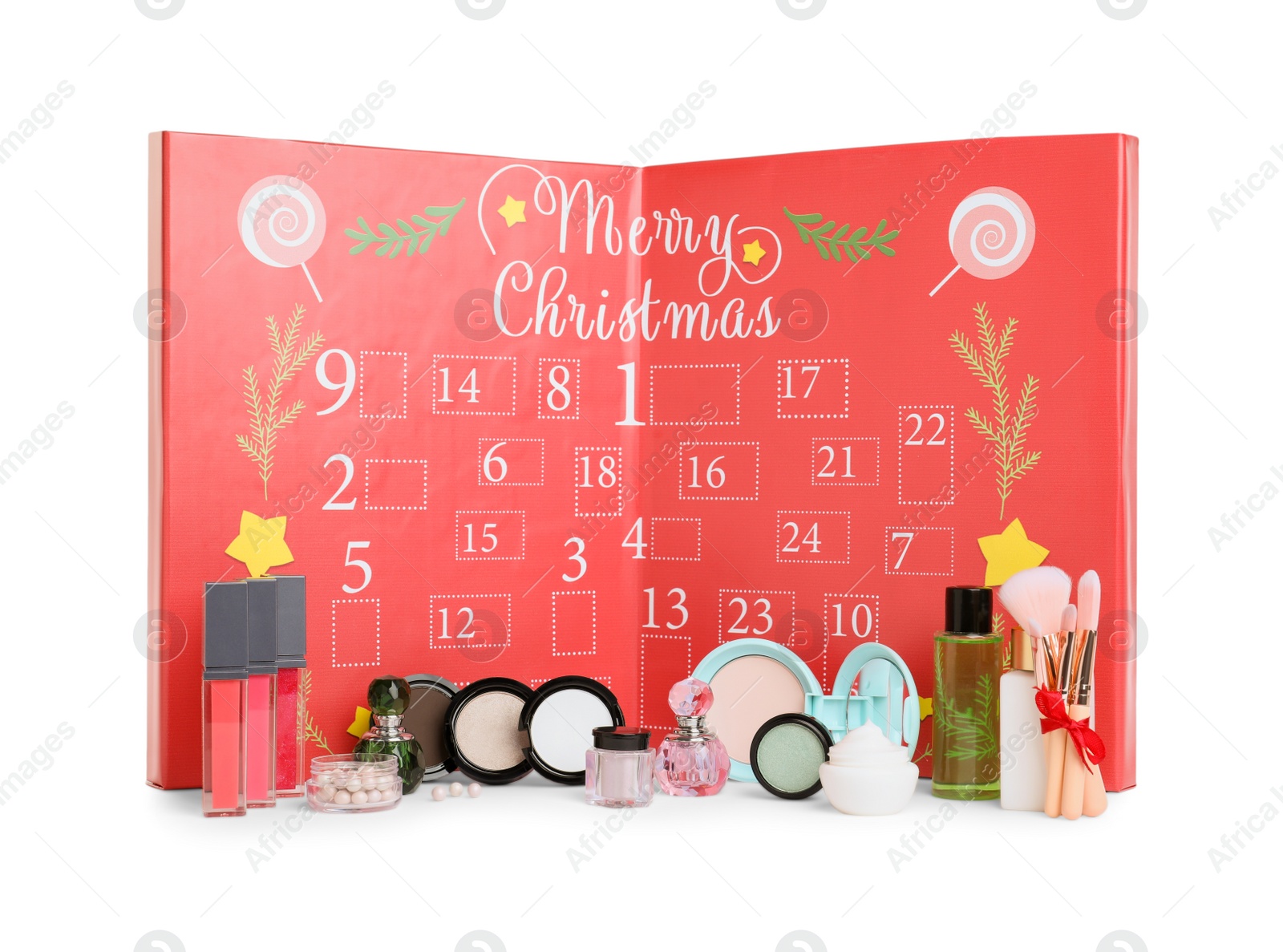 Christmas advent calendar with different cosmetics and perfumes isolated on white Photo of Christmas advent calendar with different cosmetics and perfumes isolated on white