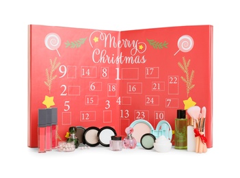 Photo of Christmas advent calendar with different cosmetics and perfumes isolated on white