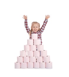 Photo of Cute little girl and toilet paper pyramid on white background