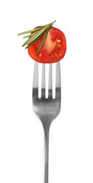 Photo of Fork with half of cherry tomato and rosemary isolated on white