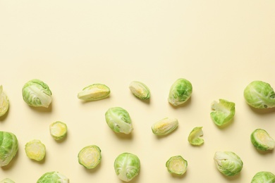 Photo of Fresh Brussels sprouts on color background, flat lay. Space for text