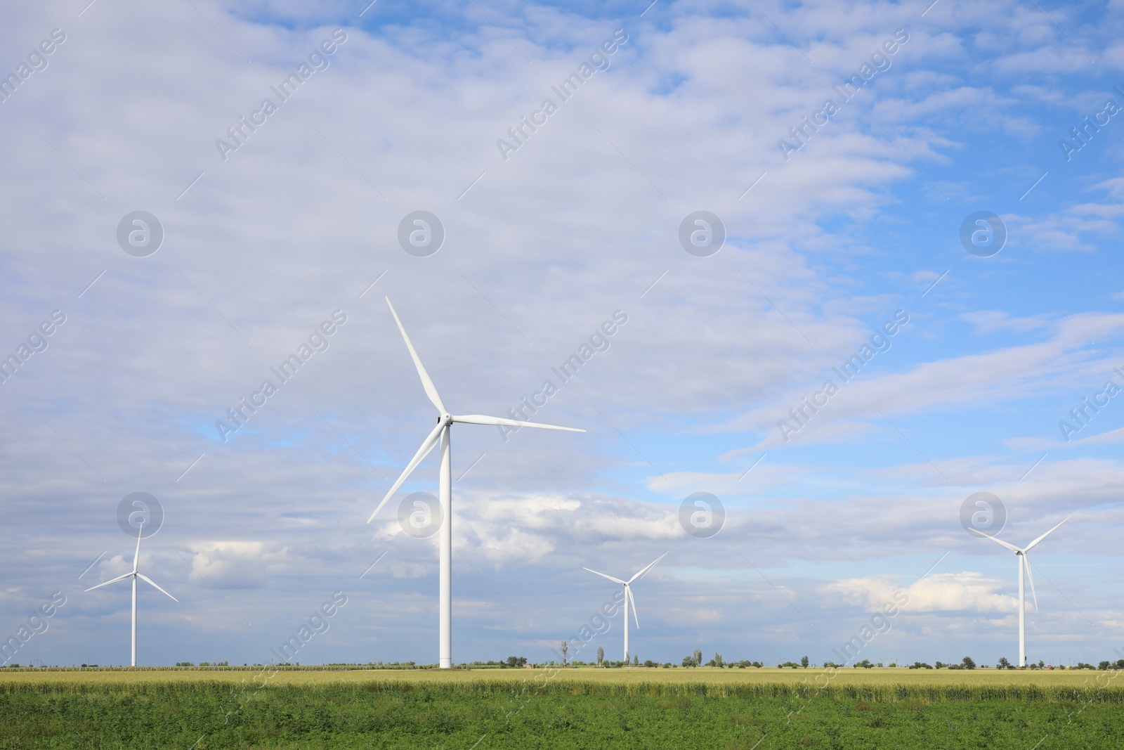 Photo of Beautiful view of field with wind turbines. Alternative energy source