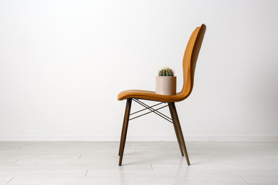 Photo of Chair with cactus near white wall. Hemorrhoids concept