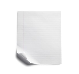 Lined sheet of paper with turned down corner on white background, top view