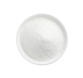 Granulated sugar in bowl isolated on white, top view