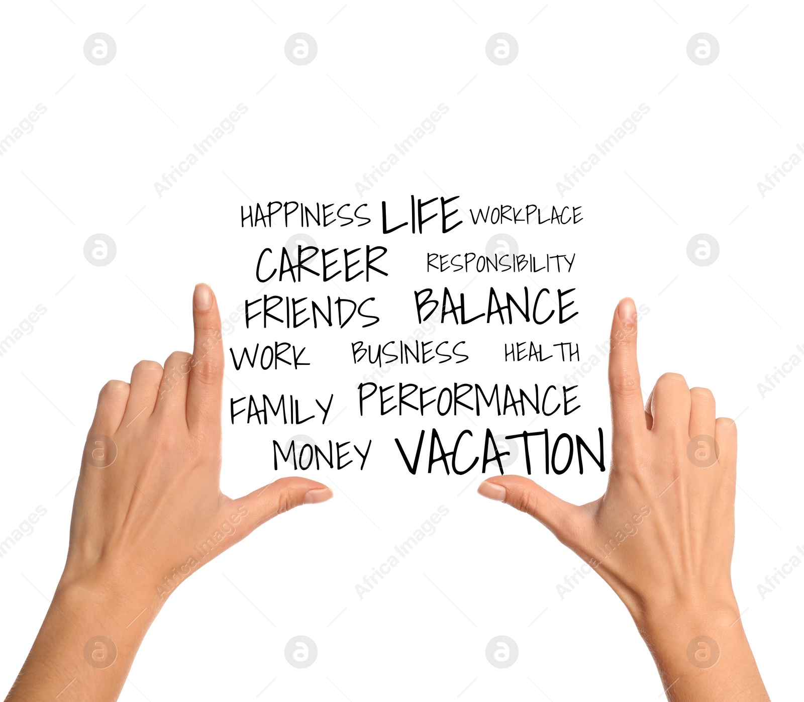 Image of Work-life balance concept. Woman and list of words on white background, closeup