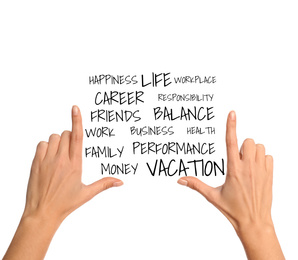 Image of Work-life balance concept. Woman and list of words on white background, closeup