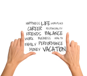 Work-life balance concept. Woman and list of words on white background, closeup