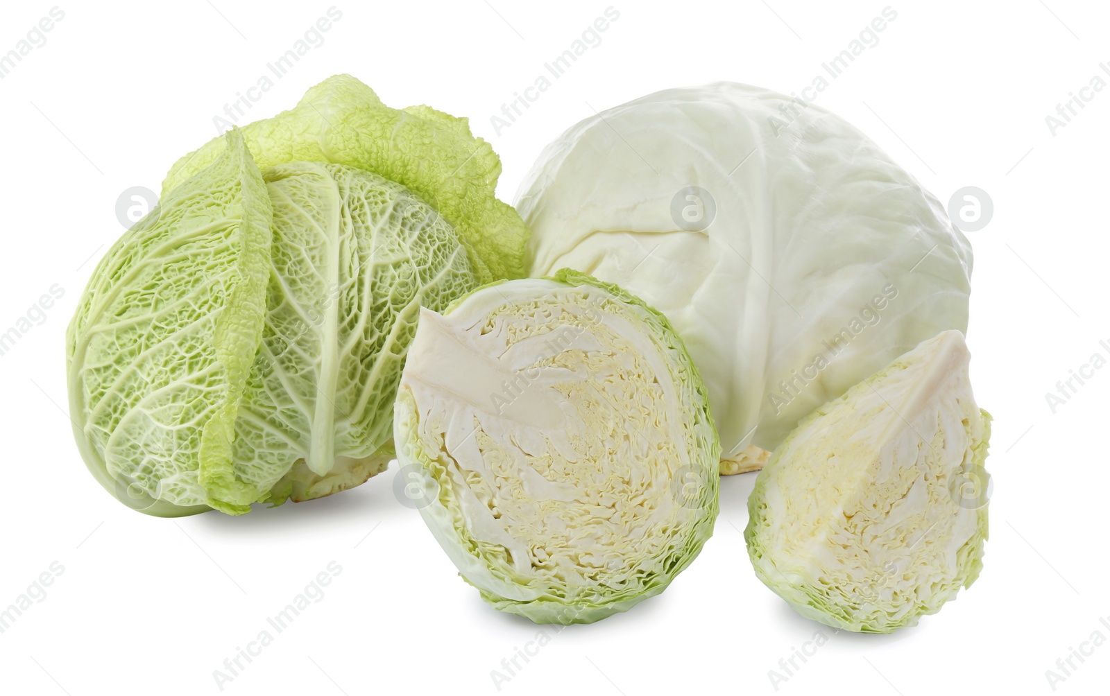 Photo of Different whole and cut types of cabbage on white background