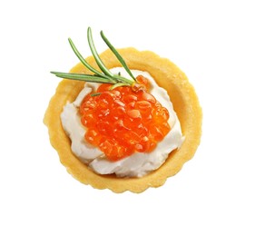 Photo of Delicious tartlet with red caviar and cream cheese on white background, top view