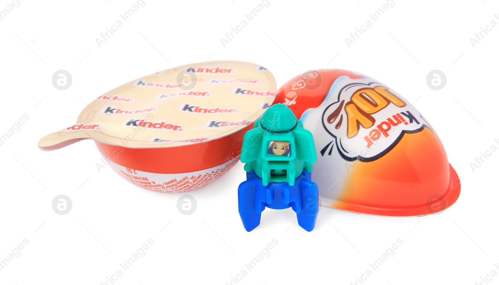 Photo of Slynchev Bryag, Bulgaria - May 24, 2023: Kinder Joy Egg and toy space rocket isolated on white