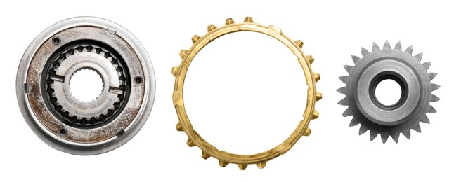 Set with different stainless steel gears on white background, top view. Banner design