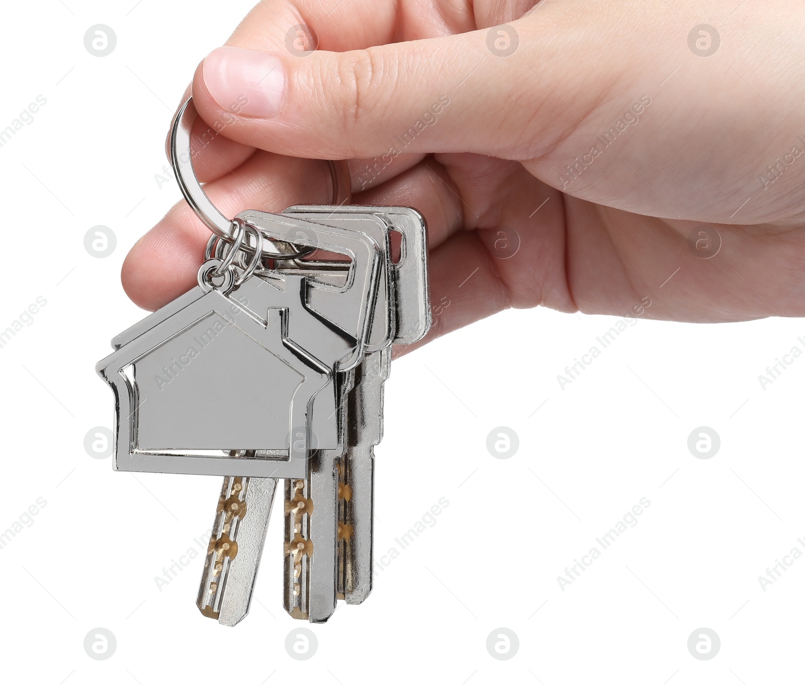 Photo of Woman holding keys with keychain in shape of house isolated on white, closeup