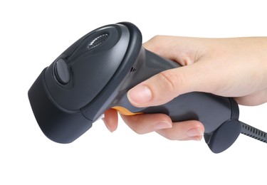 Woman holding barcode scanner on white background, closeup