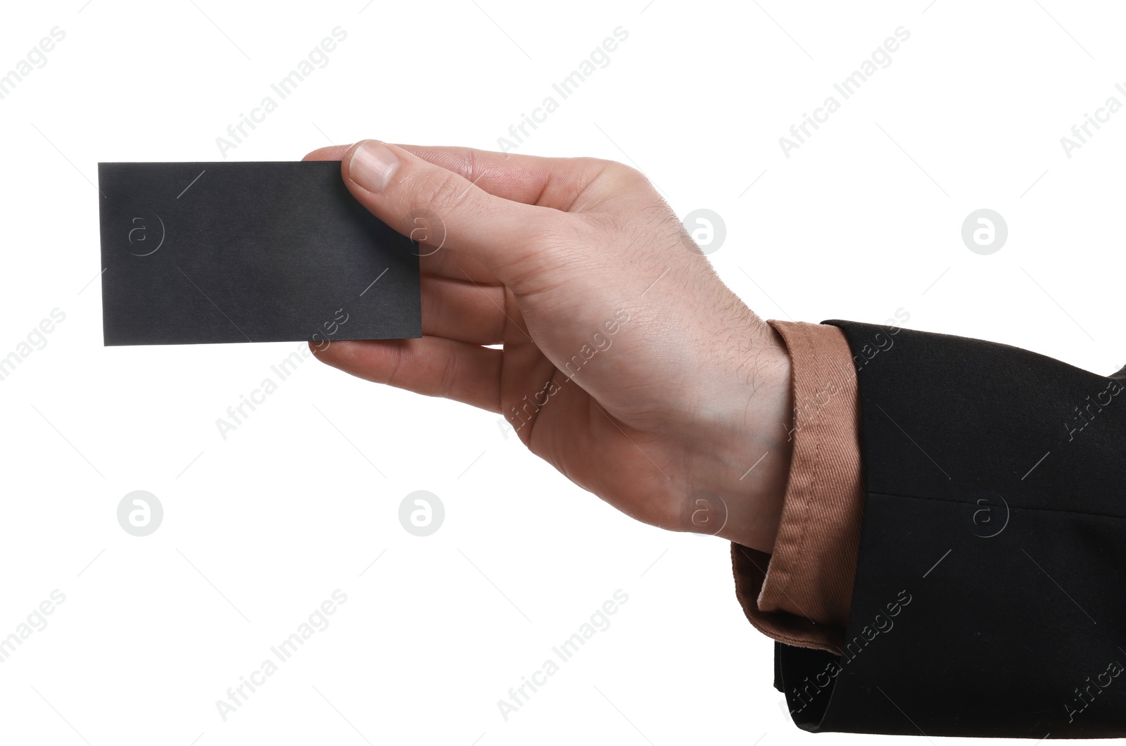 Photo of Man holding blank business card on white background, closeup