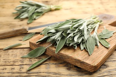 Board with fresh green sage on wooden table, closeup