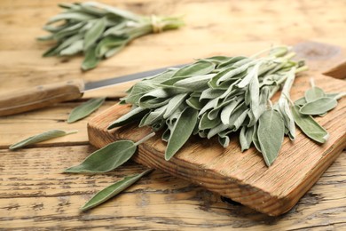 Photo of Board with fresh green sage on wooden table, closeup