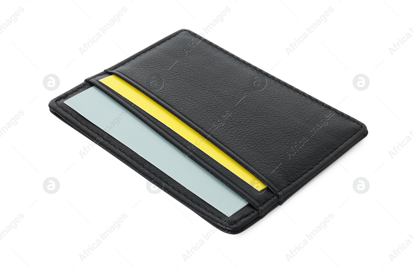 Photo of Black business card holder with cards isolated on white