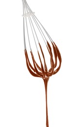 Chocolate cream flowing from whisk on white background