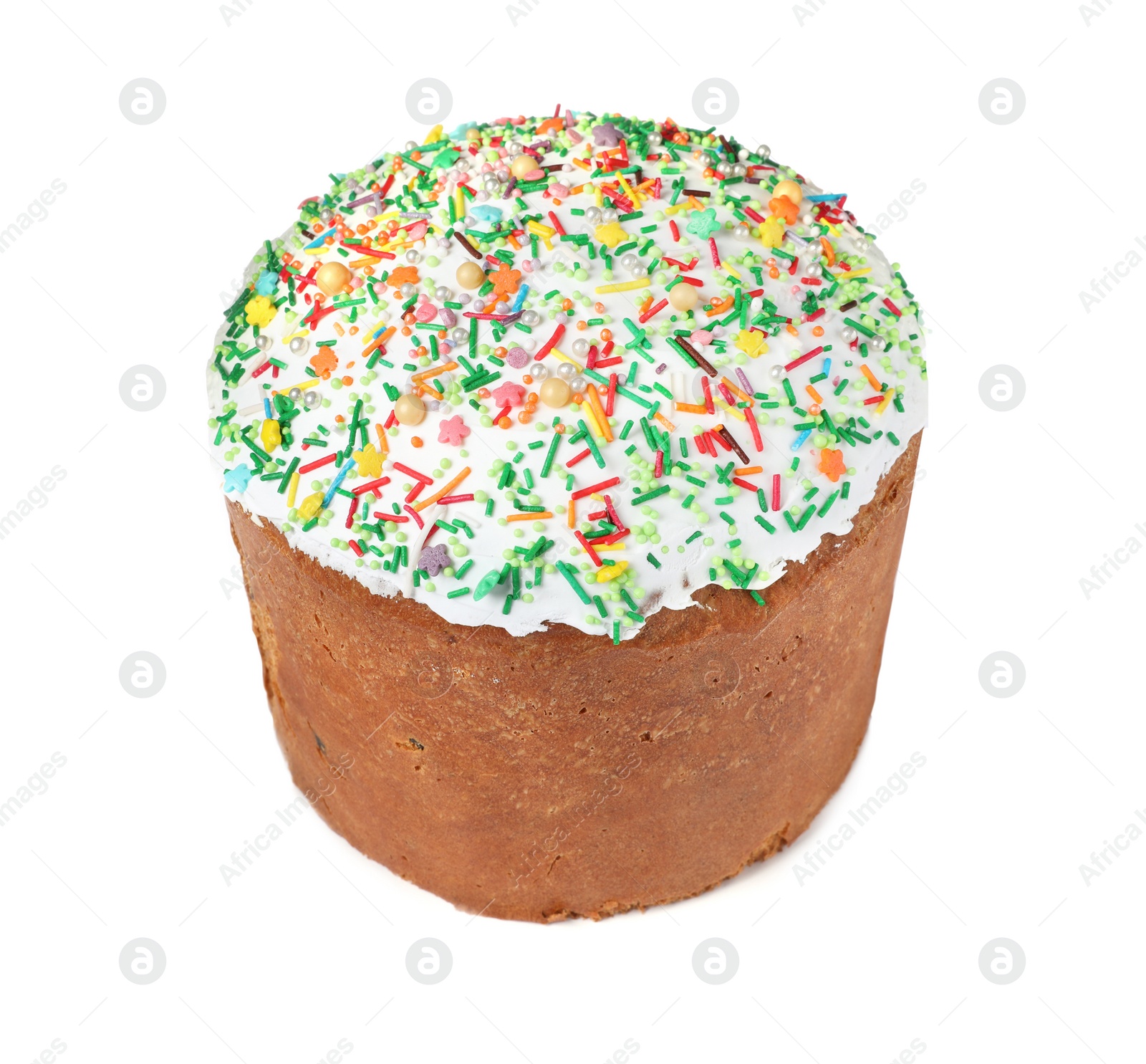 Photo of Traditional Easter cake with sprinkles isolated on white