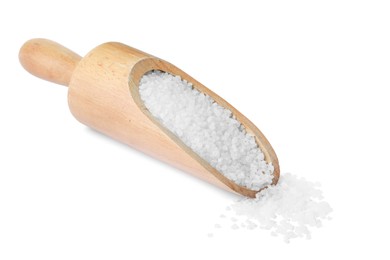 Photo of Wooden scoop with natural sea salt on white background
