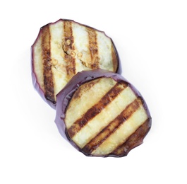 Delicious grilled eggplant slices on white background, top view