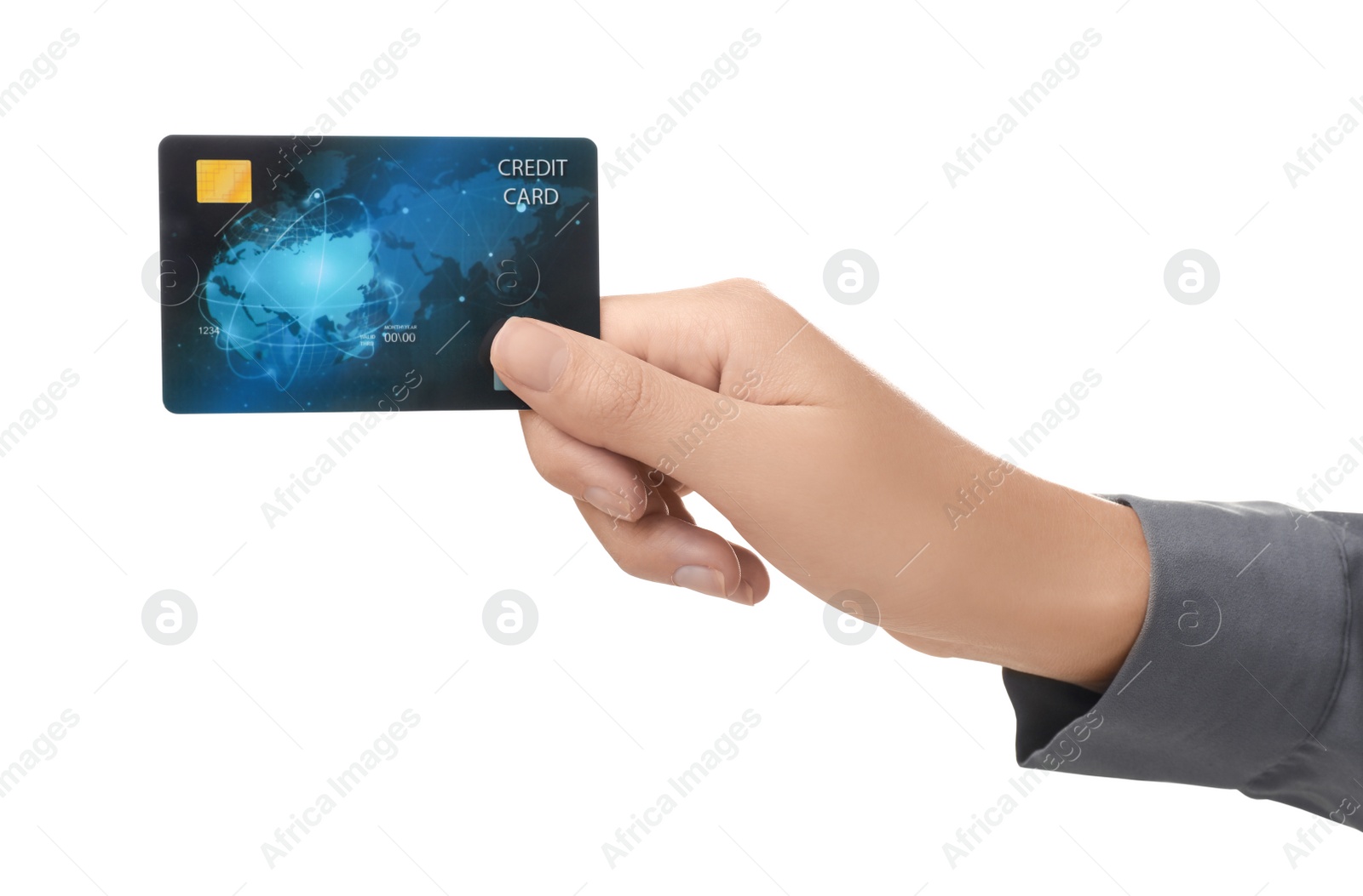 Photo of Woman holding credit card on white background