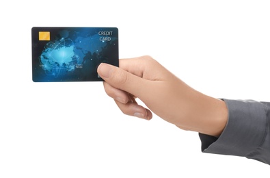 Photo of Woman holding credit card on white background