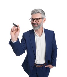 Mature businessman with marker on white background