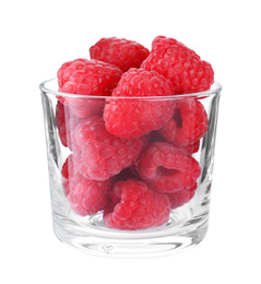 Photo of Delicious fresh ripe raspberries in glass isolated on white