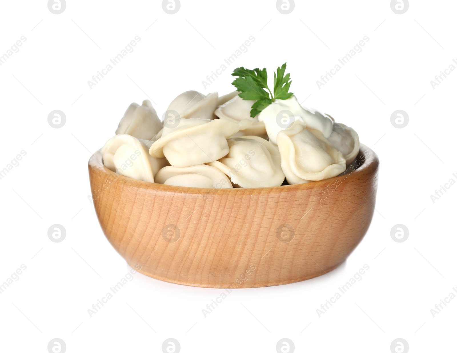 Photo of Bowl with tasty dumplings isolated on white