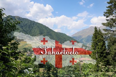 Image of Word Sakartvelo (native name of Georfia), national flag and mountain landscape, double exposure