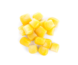 Photo of Pile of delicious canned corn isolated on white, top view