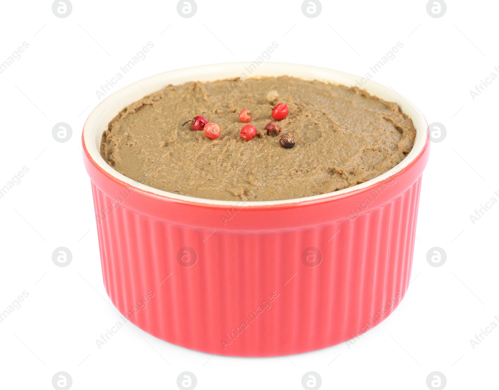 Photo of Tasty liver pate with pepper isolated on white