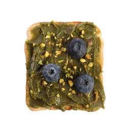 Photo of Toast with tasty pistachio butter, blueberries and nuts isolated on white, top view