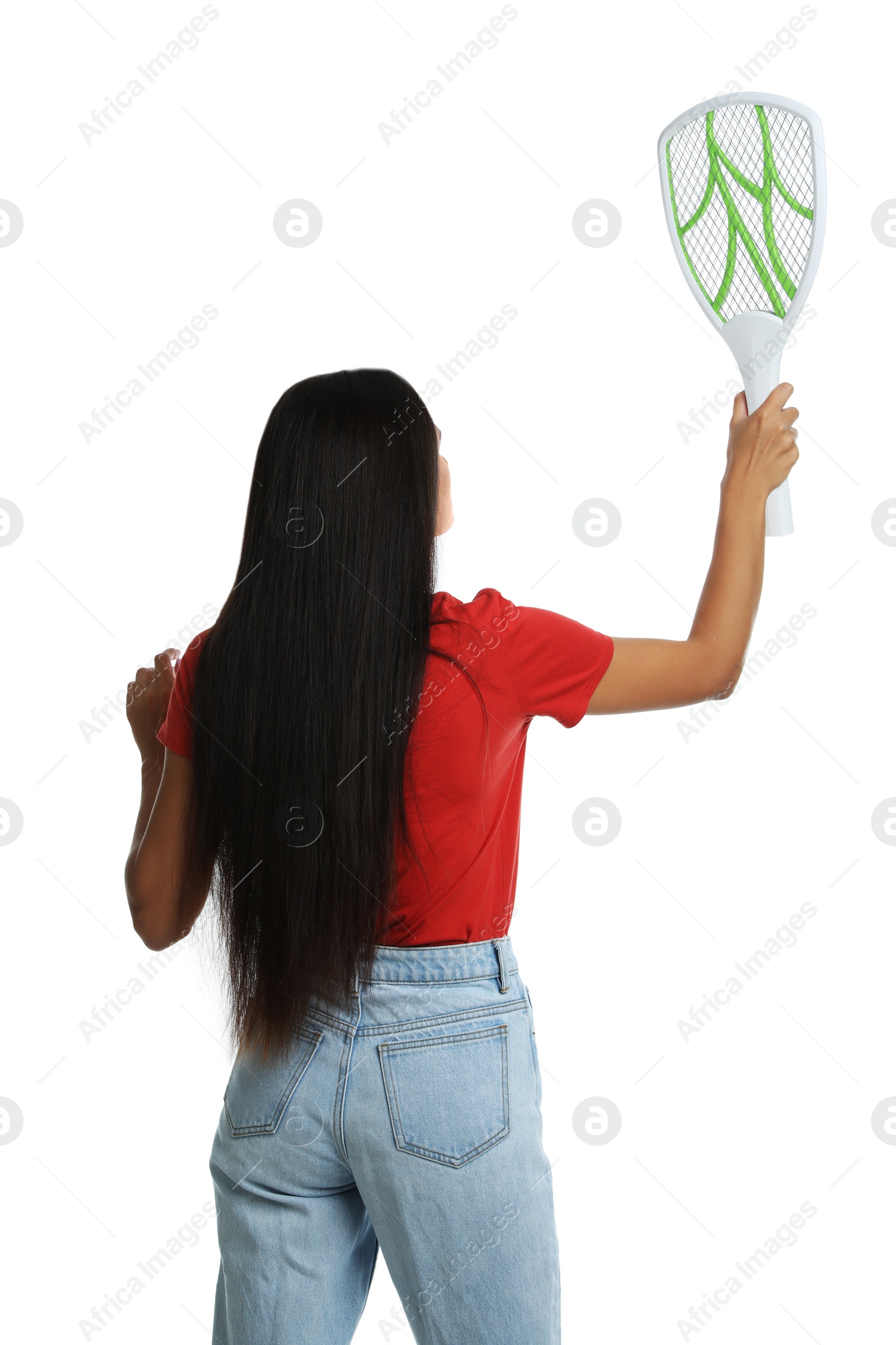 Photo of Young woman with electric fly swatter on white background, back view. Insect killer