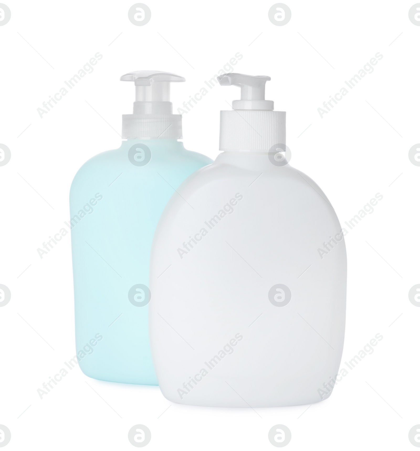 Photo of Dispensers of liquid soap on white background