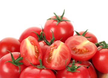 Photo of Whole and cut cherry tomatoes isolated on white, closeup