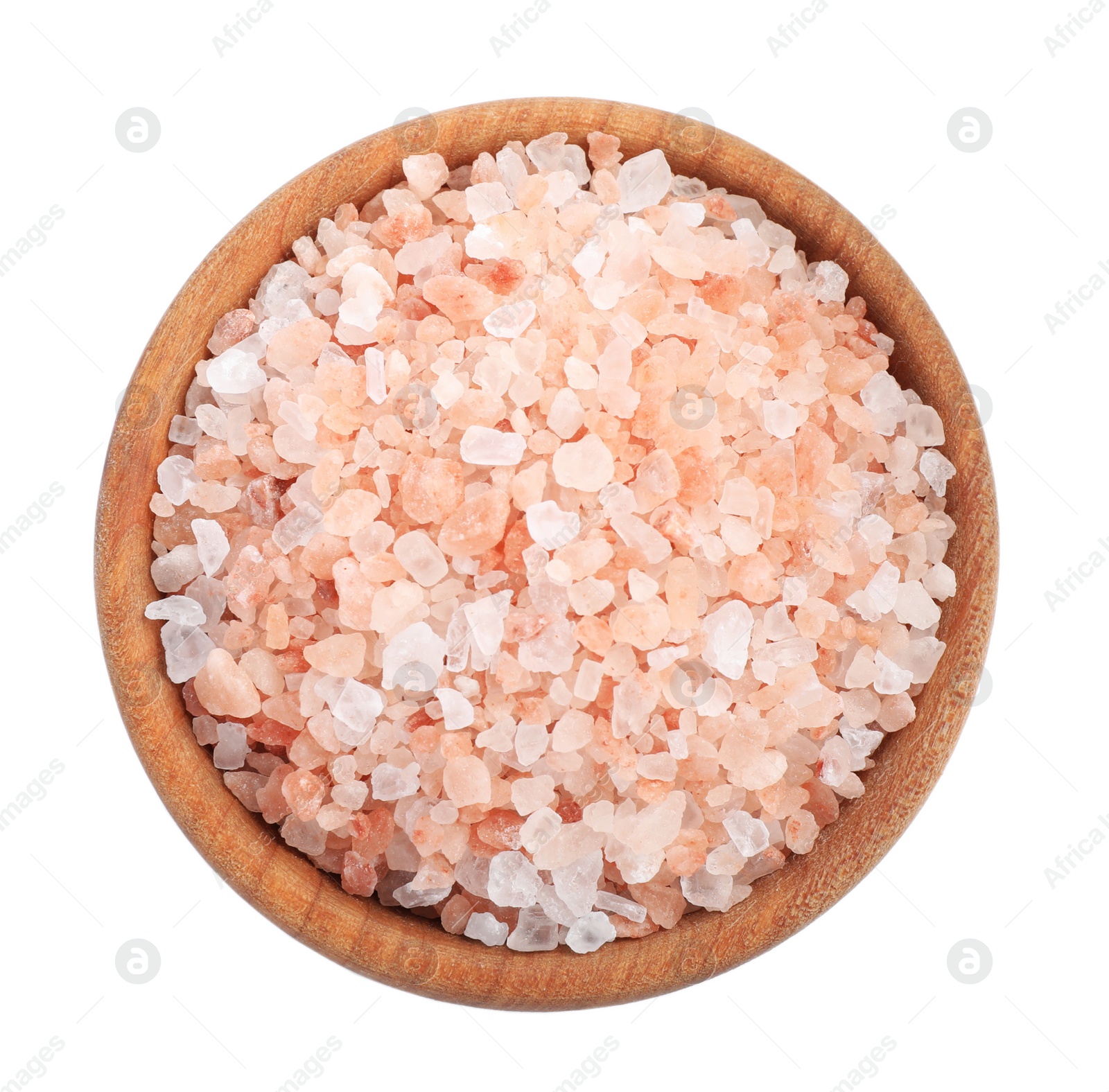 Photo of Pink Himalayan salt in wooden bowl isolated on white, top view