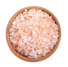 Pink Himalayan salt in wooden bowl isolated on white, top view