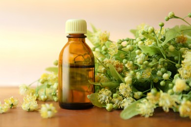 Bottle of essential oil and linden blossoms on wooden table against blurred background, closeup