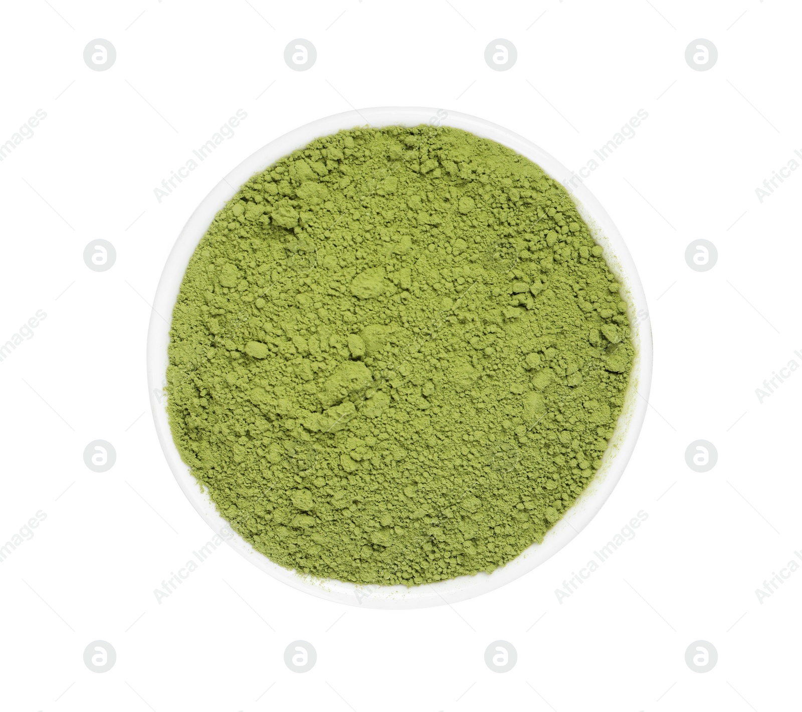Photo of Bowl of matcha powder isolated on white, top view