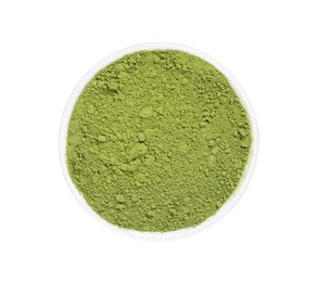 Bowl of matcha powder isolated on white, top view