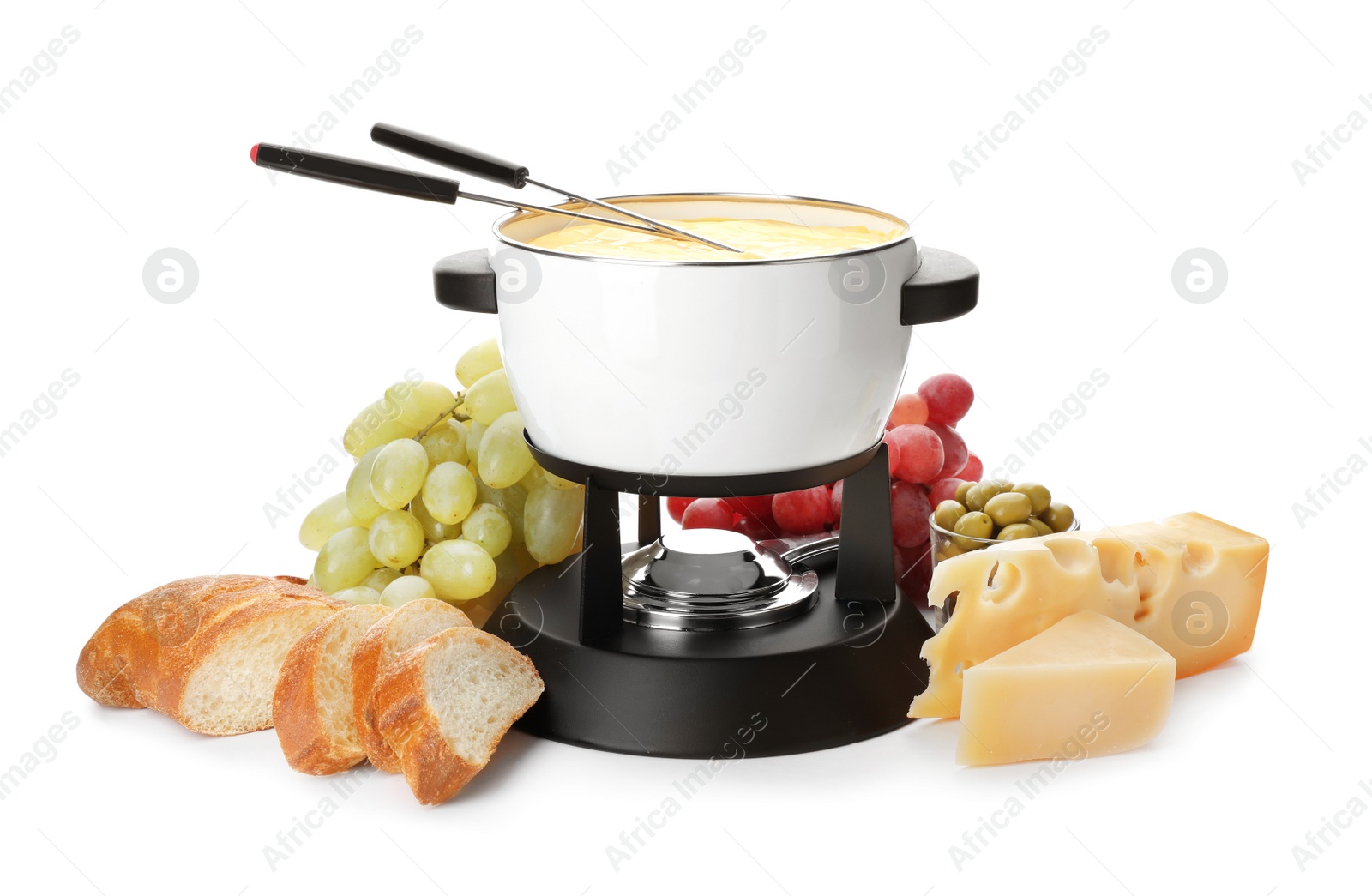 Photo of Composition with pot of delicious cheese fondue on white background