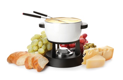 Composition with pot of delicious cheese fondue on white background