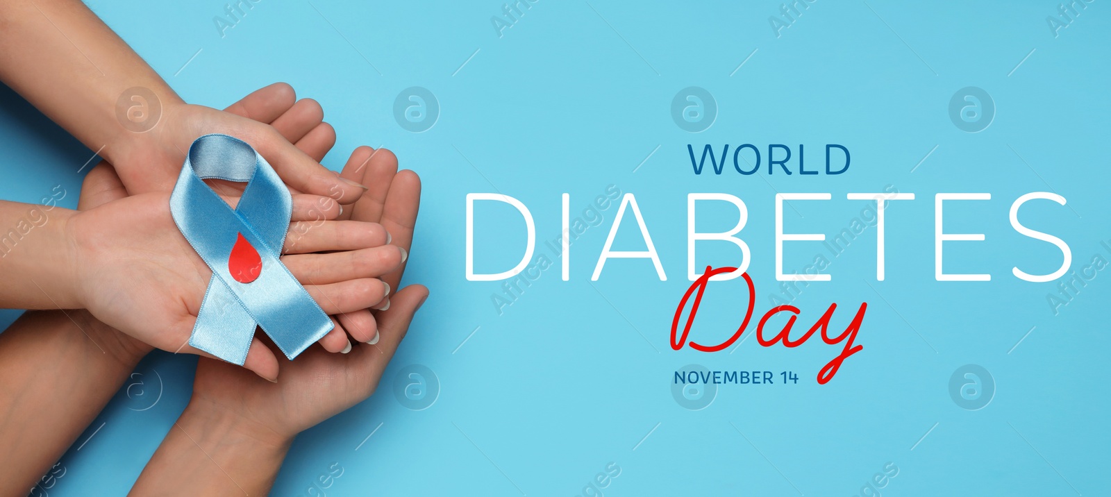 Image of World Diabetes Day. People holding light blue ribbon with paper blood drop on color background, top view. Banner design