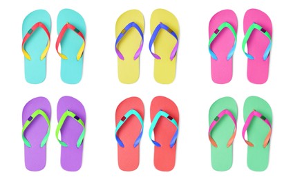 Image of Set with different colorful flip flops on white background, top view